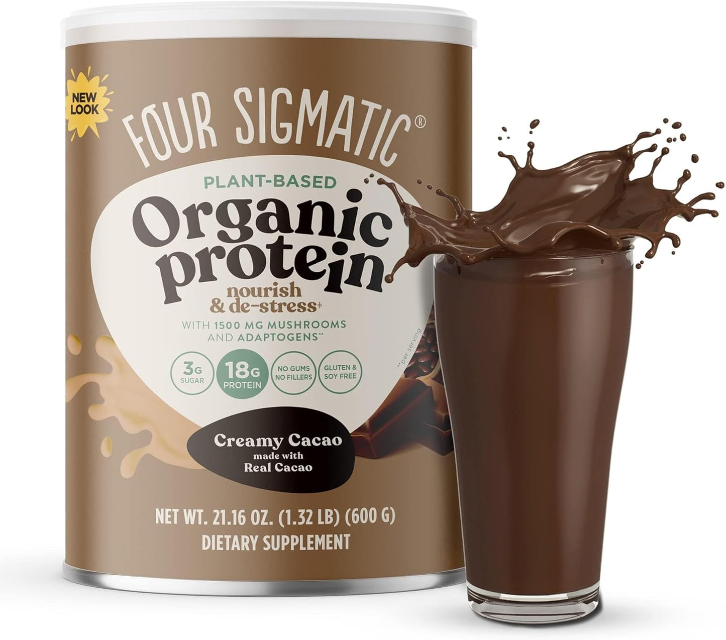 Organic Plant-Based Protein Powder Creamy Cacao Protein with Lion’S Mane, Chaga, Cordyceps and More | Clean Vegan Protein Elevated for Brain Function and Immune Support | 21.16 Oz